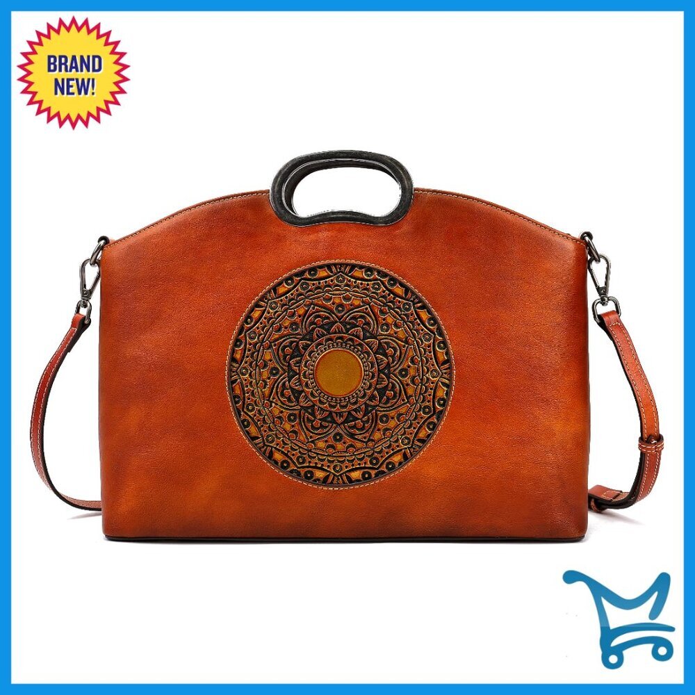 Large Genuine Leather Crossbody Satchel with Adjustable Strap, Vintage Embossed
